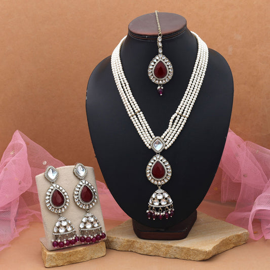 Luxuriöses Weinfarbenes Kundan-Halsketten-Set Hochzeits-Glamour-Kollektion