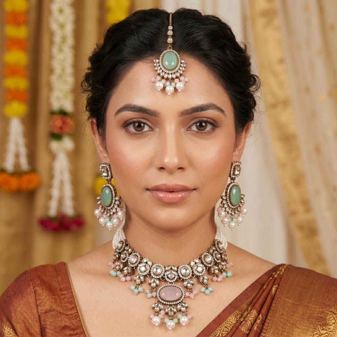 Beautiful Light Pink Color Choker Kundan Necklace Set With Timeless Bridal Elegance