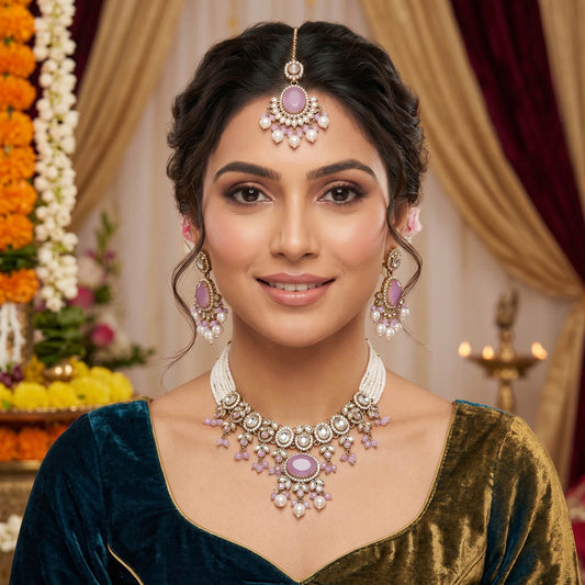 Elegant Light Purple Color Choker Kundan Necklace Set With Sophisticated Ethnic Craftsmanship