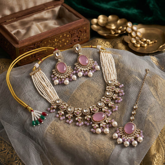 Elegant Light Purple Color Choker Kundan Necklace Set With Sophisticated Ethnic Craftsmanship