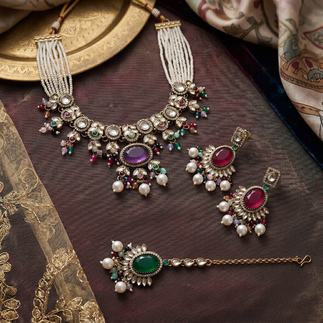 Atemberaubendes, mehrfarbiges Choker-Kundan-Halskettenset mit lebendiger, traditioneller Steinverzierung