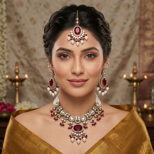 Traditional Maroon Color Choker Kundan Necklace Set With Regal Stone Embellishments