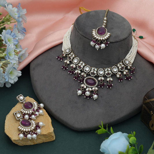 Royal Purple Color Choker Kundan Necklace Set With Elegant Traditional Pearl Detailing