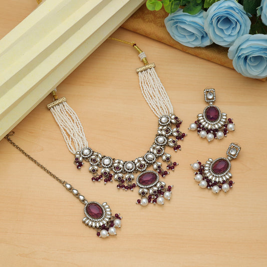 Royal Purple Color Choker Kundan Necklace Set With Elegant Traditional Pearl Detailing