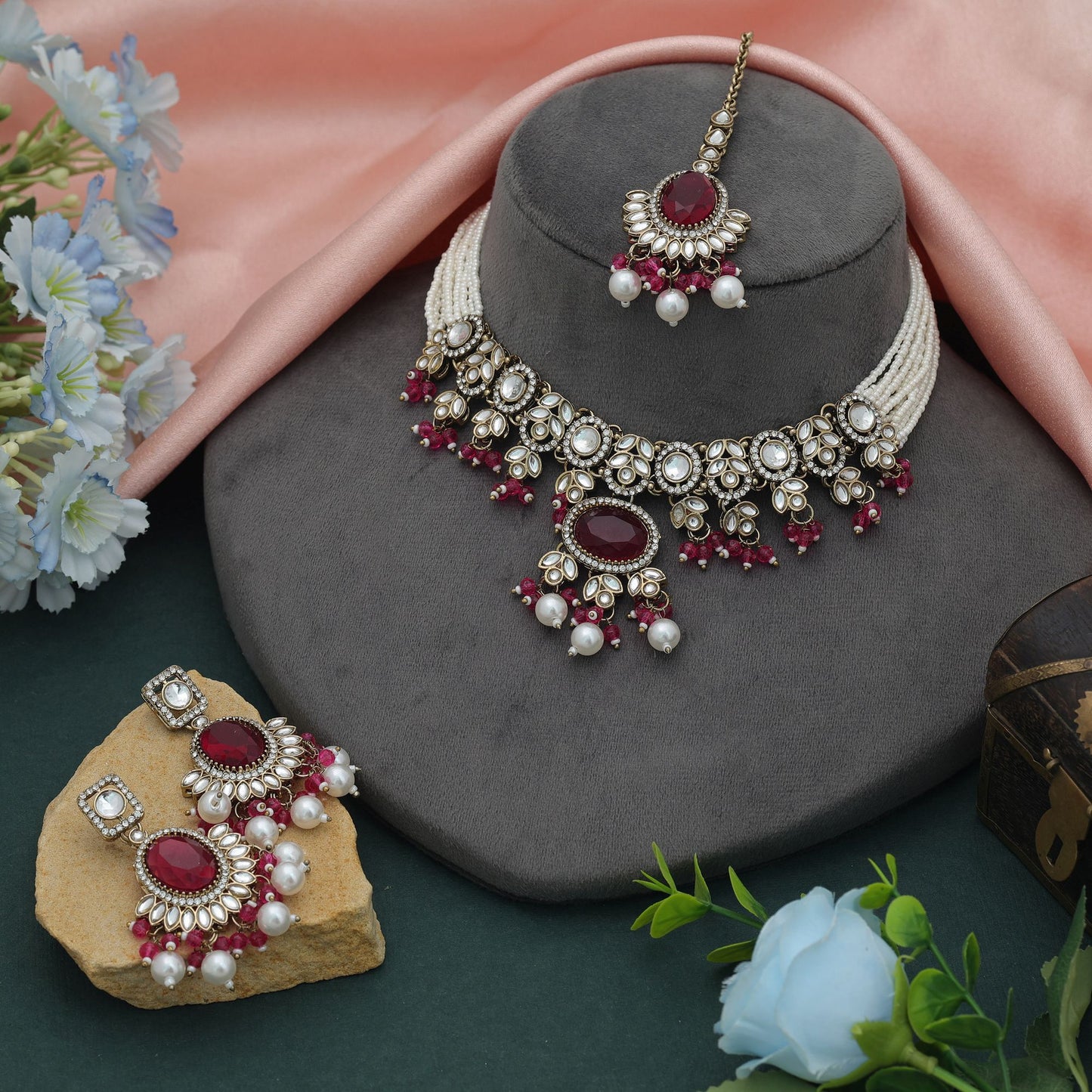 Premium Rani Color Choker Kundan Necklace Set With Luxurious Ethnic Bridal Styling