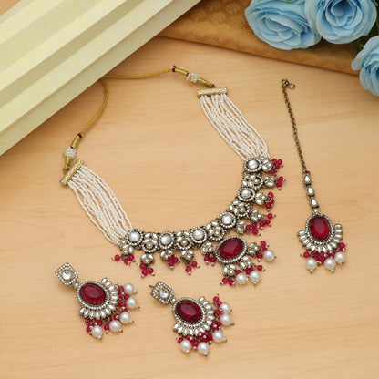 Premium Rani Color Choker Kundan Necklace Set With Luxurious Ethnic Bridal Styling
