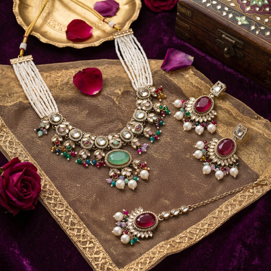 Exclusive Multi Color Choker Kundan Necklace Set With Elegant Royal Bridal Patterns