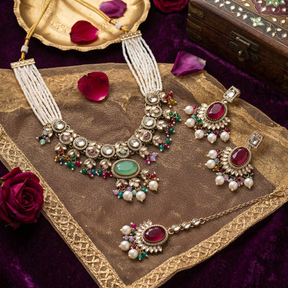 Exclusive Multi Color Choker Kundan Necklace Set With Elegant Royal Bridal Patterns