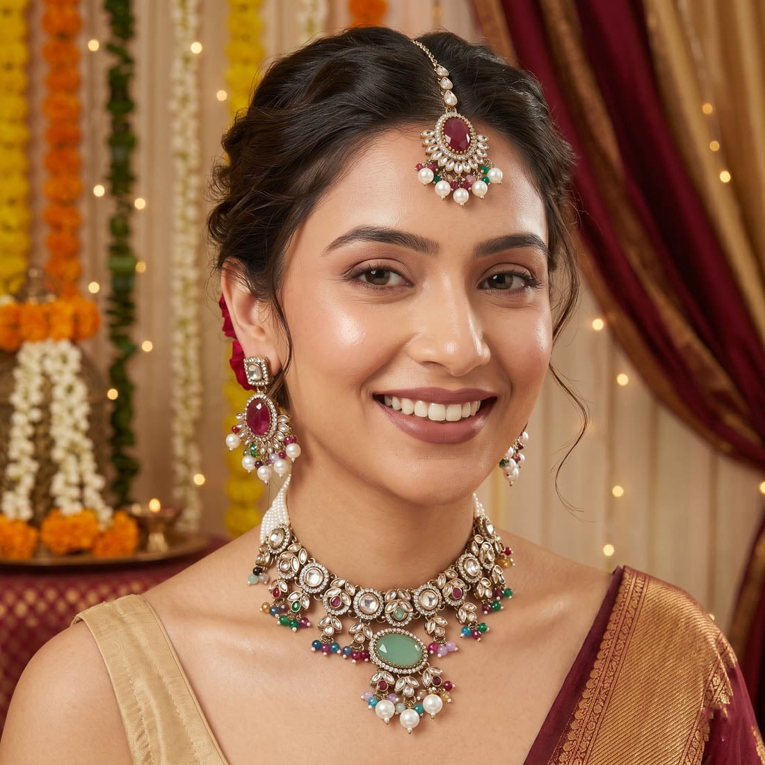 Exclusive Multi Color Choker Kundan Necklace Set With Elegant Royal Bridal Patterns
