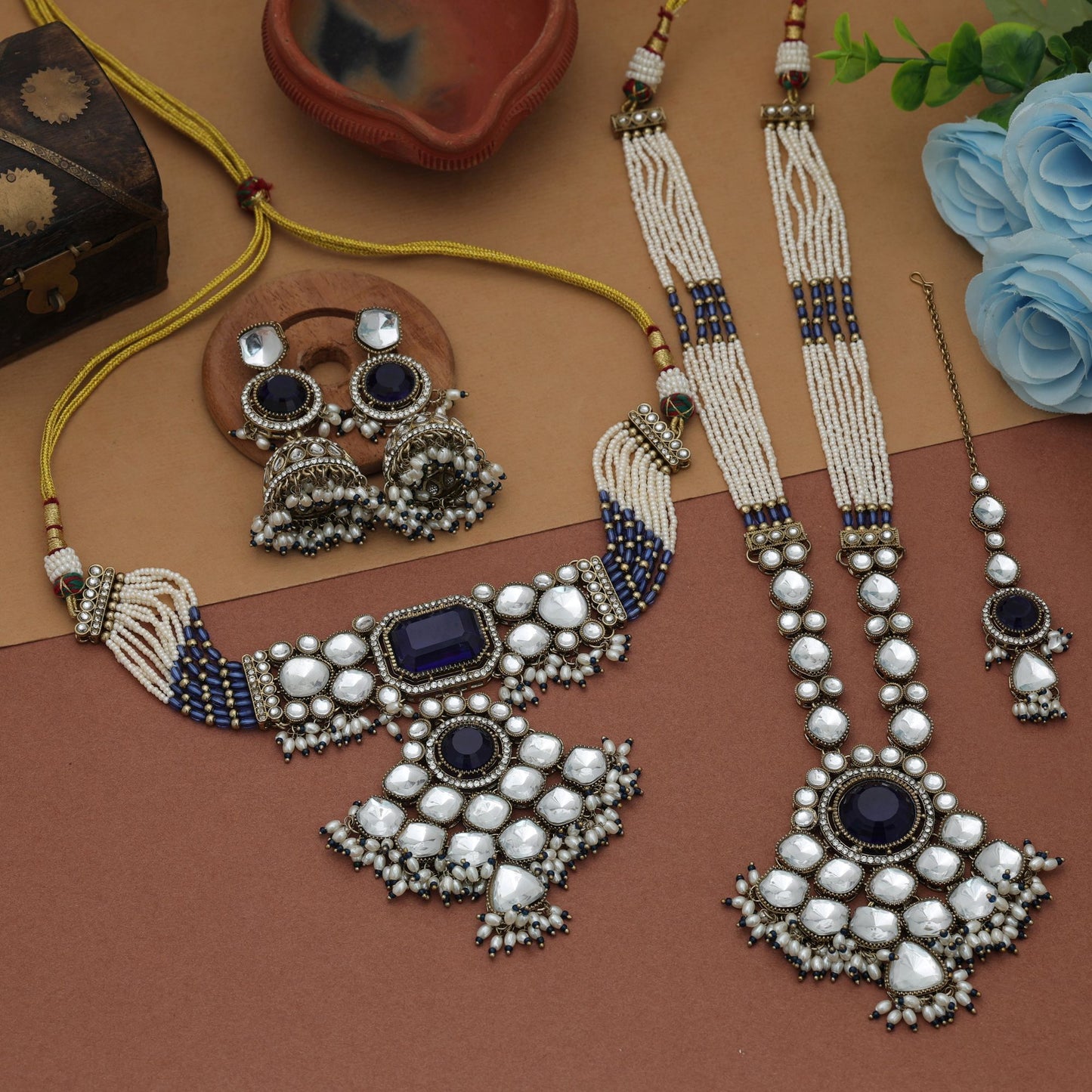 Elegant Blue Color Long And Choker Kundan Necklace Set With Traditional Bridal Finish