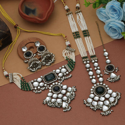 Premium Green Color Long And Choker Kundan Necklace Set With Traditional Craftsmanship