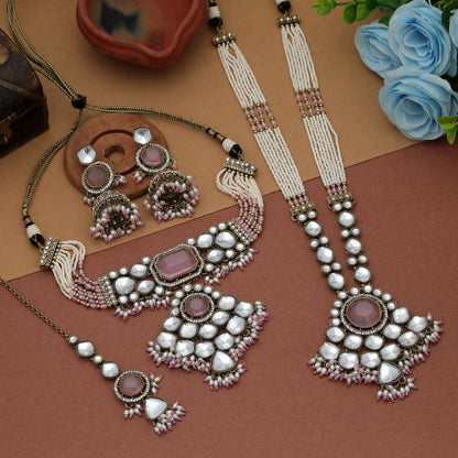 Wunderschönes, langes und eng anliegendes Kundan-Halsketten-Set in Hellrosa für Hochzeiten