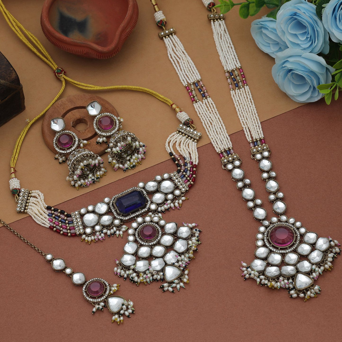 Designer Multi Color Long And Choker Kundan Necklace Set With Festive Royal Appeal