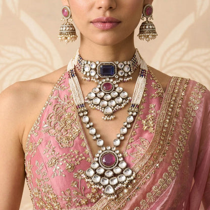 Designer Mehrfarbiges langes und Choker Kundan-Halsketten-Set mit festlichem, königlichem Flair
