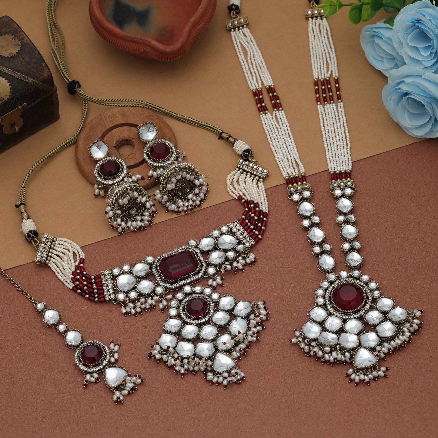 Traditional Maroon Color Long And Choker Kundan Necklace Set With Bridal Elegance