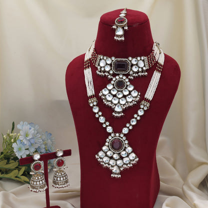 Traditional Maroon Color Long And Choker Kundan Necklace Set With Bridal Elegance