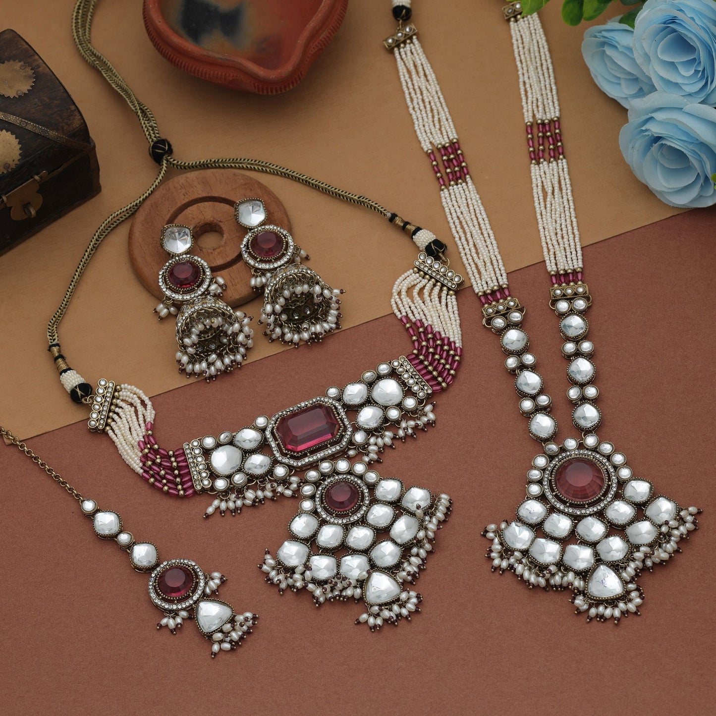 Elegant Rani Color Long And Choker Kundan Necklace Set For Traditional Functions