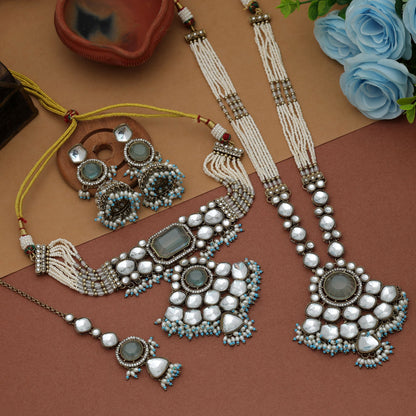 Stylish Sky Blue Color Long And Choker Kundan Necklace Set With Ethnic Charm