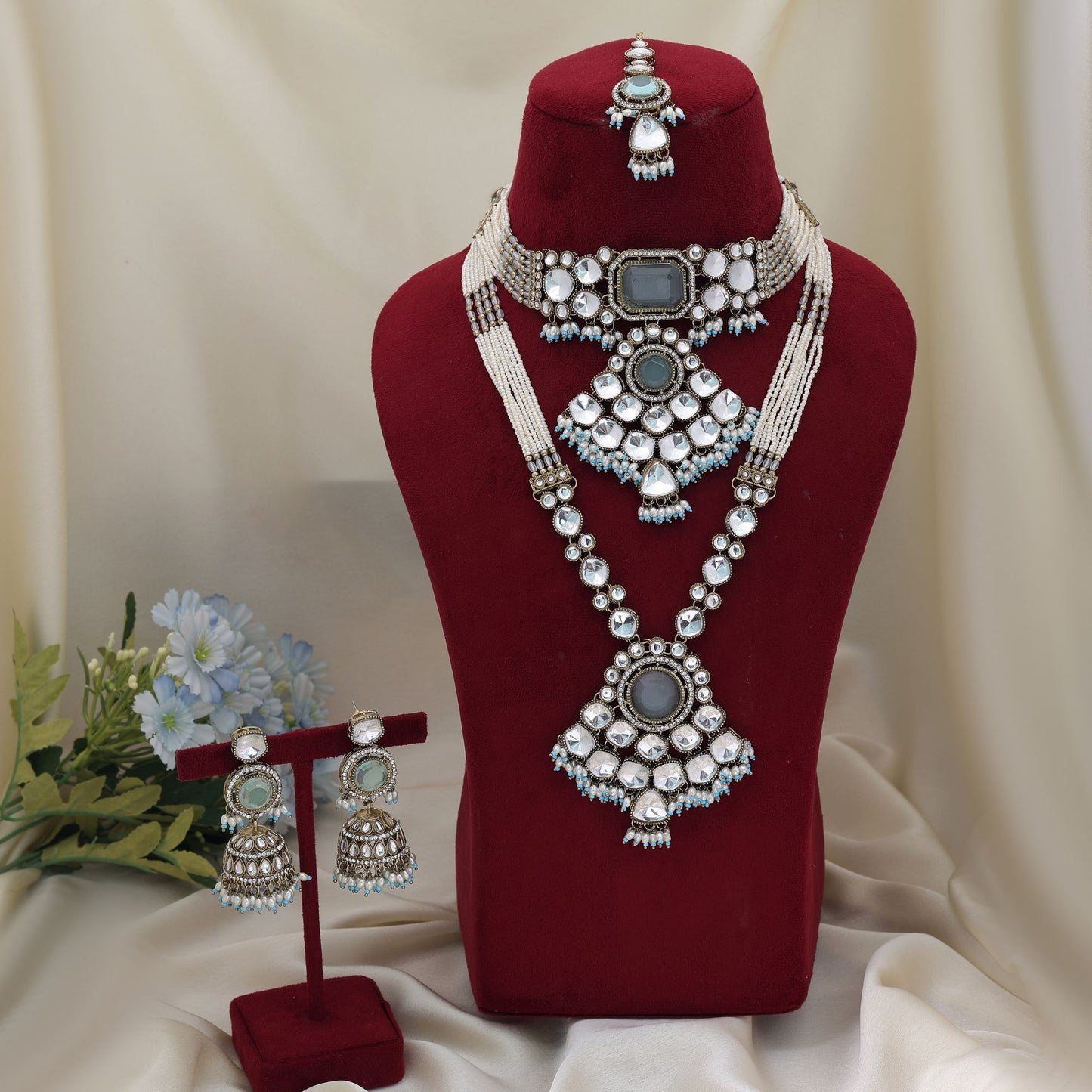 Stylish Sky Blue Color Long And Choker Kundan Necklace Set With Ethnic Charm
