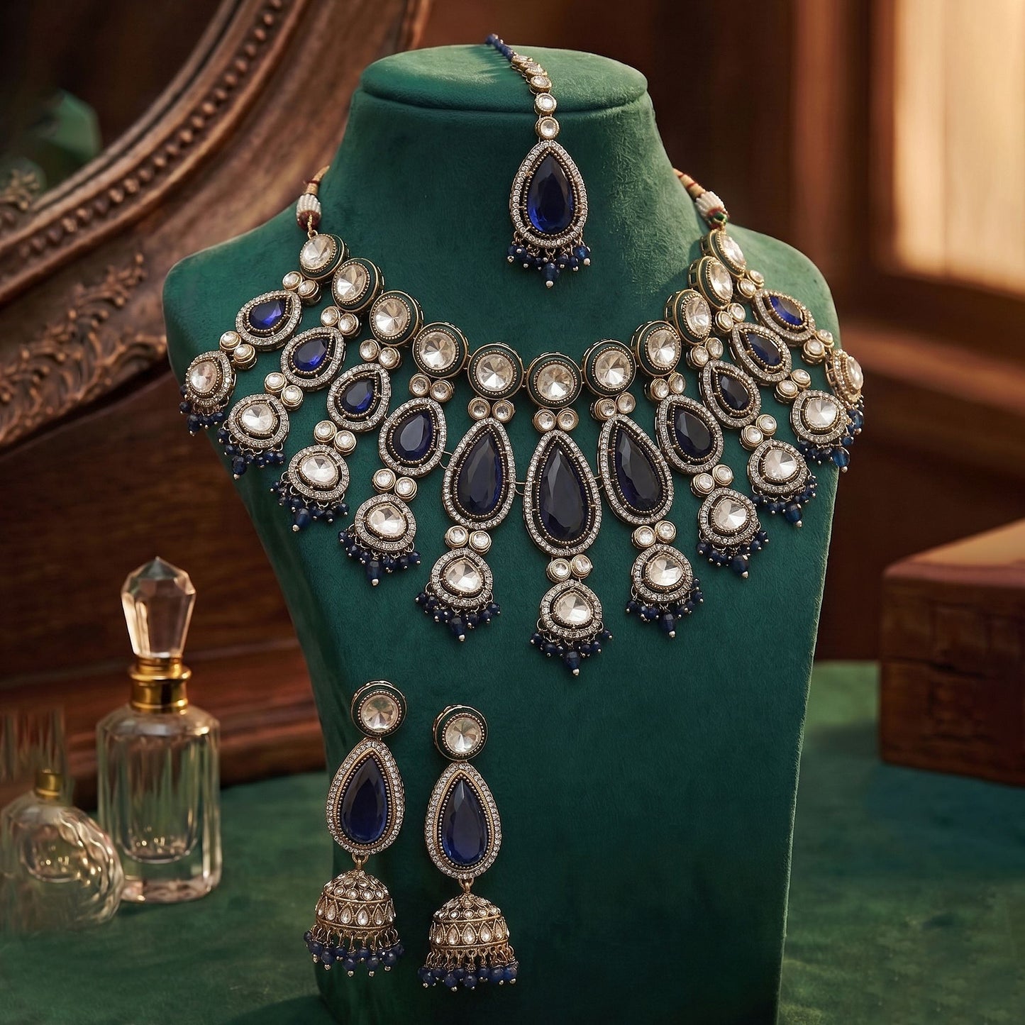 Stylish Blue Color Kundan Necklace Set With Royal Ethnic Traditional Craftsmanship Design
