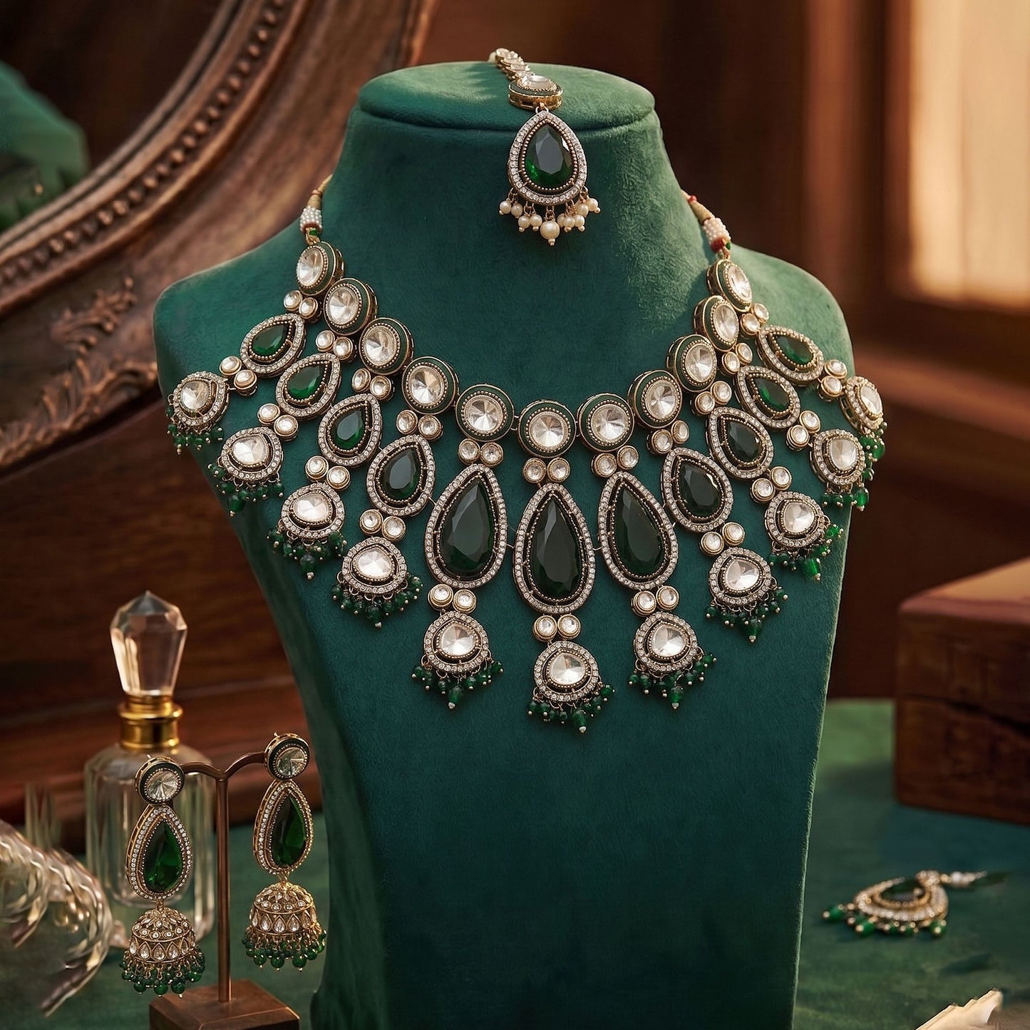 Traditional Green Color Kundan Necklace Set With Elegant Bridal Stone Embellishments