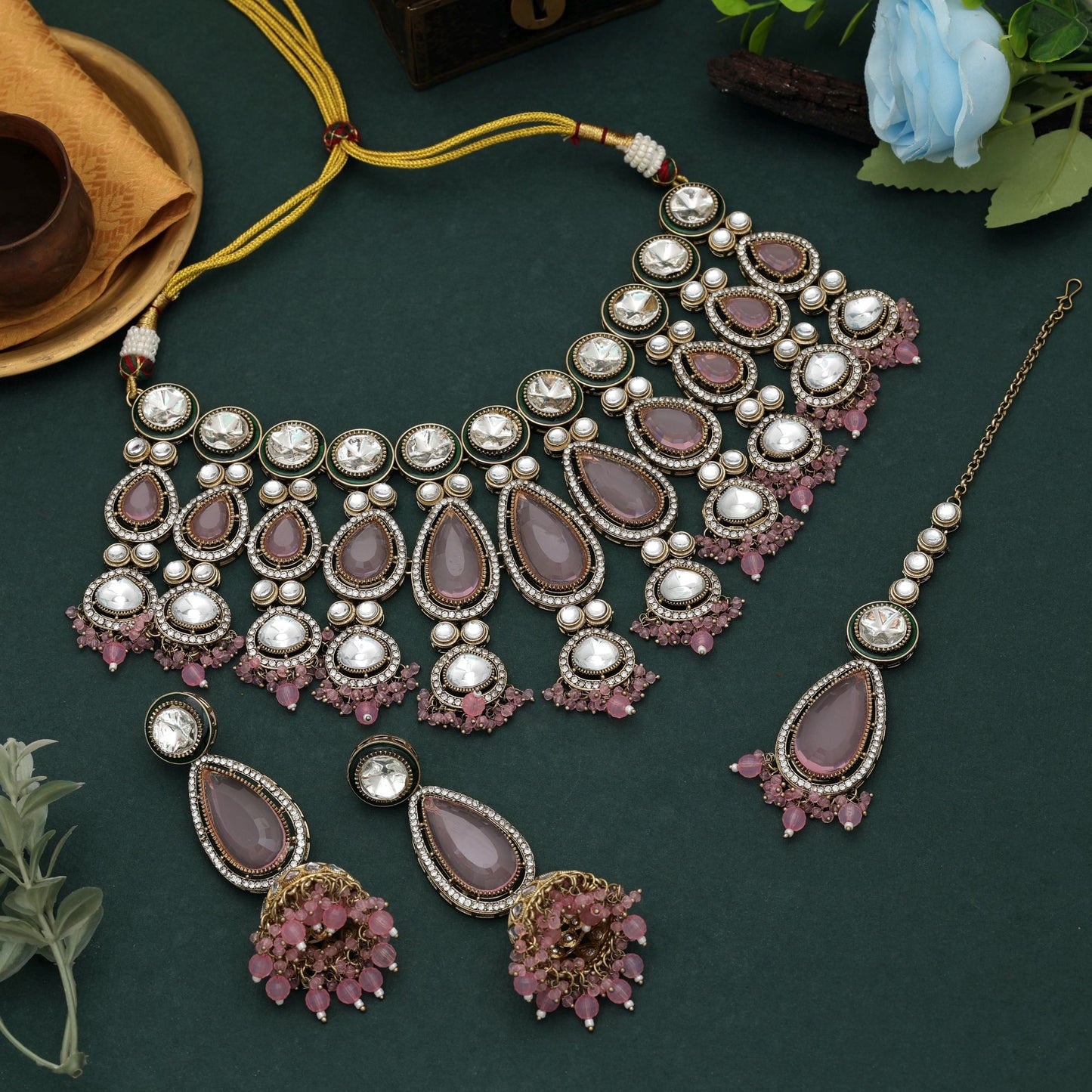 Gorgeous Light Pink Color Kundan Necklace Set With Premium Festive Bridal Appeal