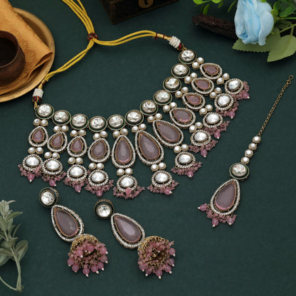 Gorgeous Light Pink Color Kundan Necklace Set With Premium Festive Bridal Appeal