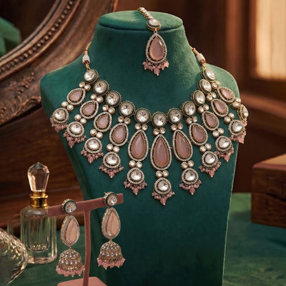 Gorgeous Light Pink Color Kundan Necklace Set With Premium Festive Bridal Appeal
