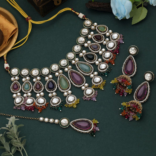 Artistic Multi Color Kundan Necklace Set With Vibrant Traditional Festive Stone Design