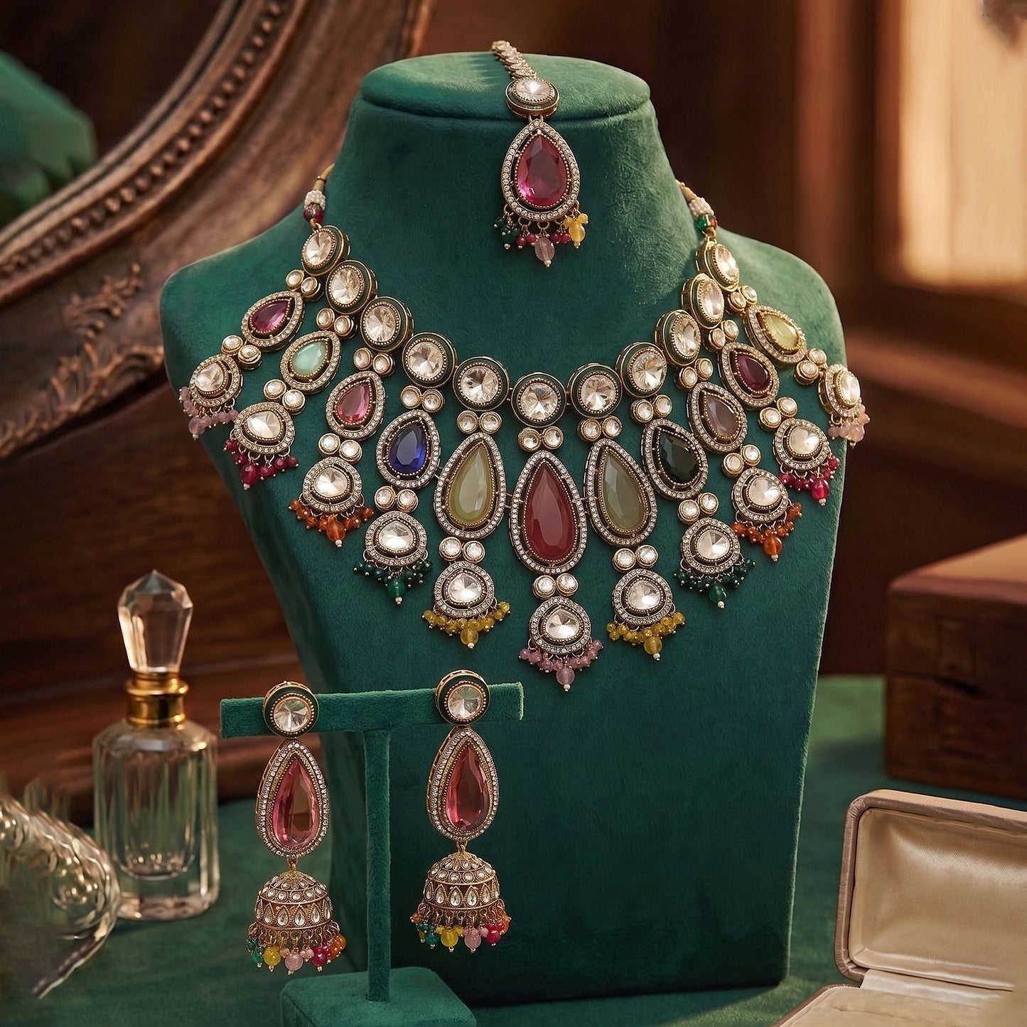 Künstlerisches mehrfarbiges Kundan-Halsketten-Set mit lebhaftem traditionellen festlichen Stein-Design