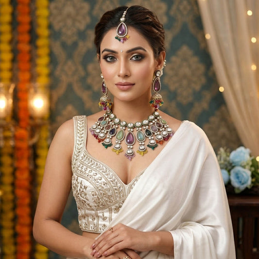 Artistic Multi Color Kundan Necklace Set With Vibrant Traditional Festive Stone Design