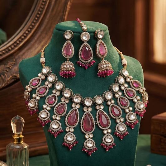 Elegantes magentafarbenes Kundan-Halsketten-Set mit traditionellen königlichen Steinverzierungen