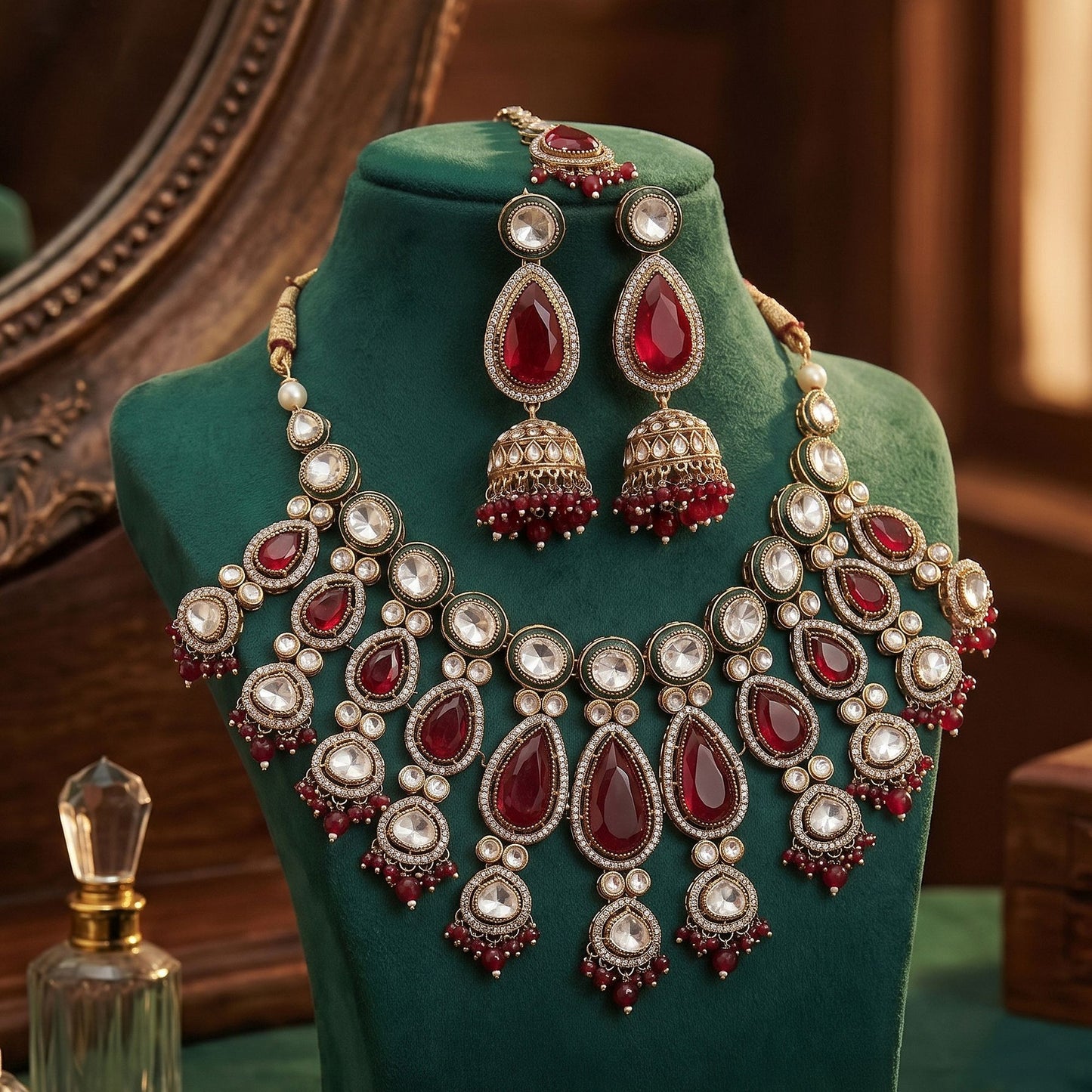 Luxuriöses, weinrotes Kundan-Halsketten-Set mit aufwendiger ethnischer Brautkunst