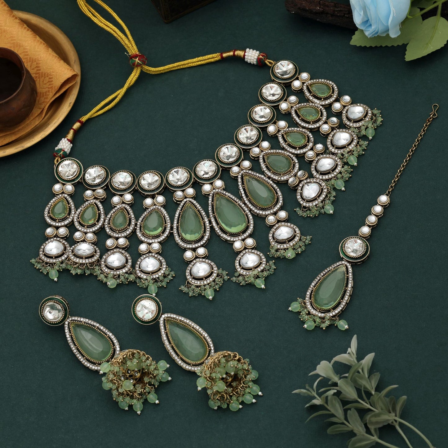 Designer Pista Green Color Kundan Necklace Set With Elegant Royal Bridal Finish