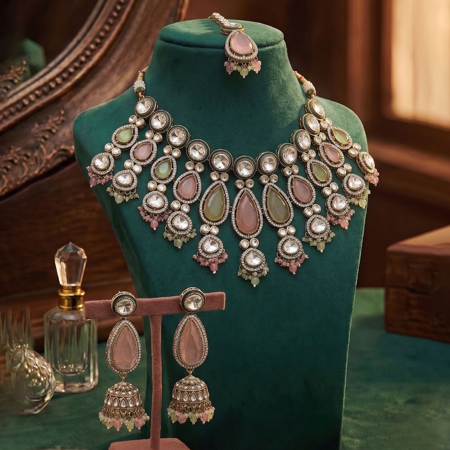 Wunderschönes Kundan-Halsketten-Set in Pink & Pistaziengrün für festliche Anlässe