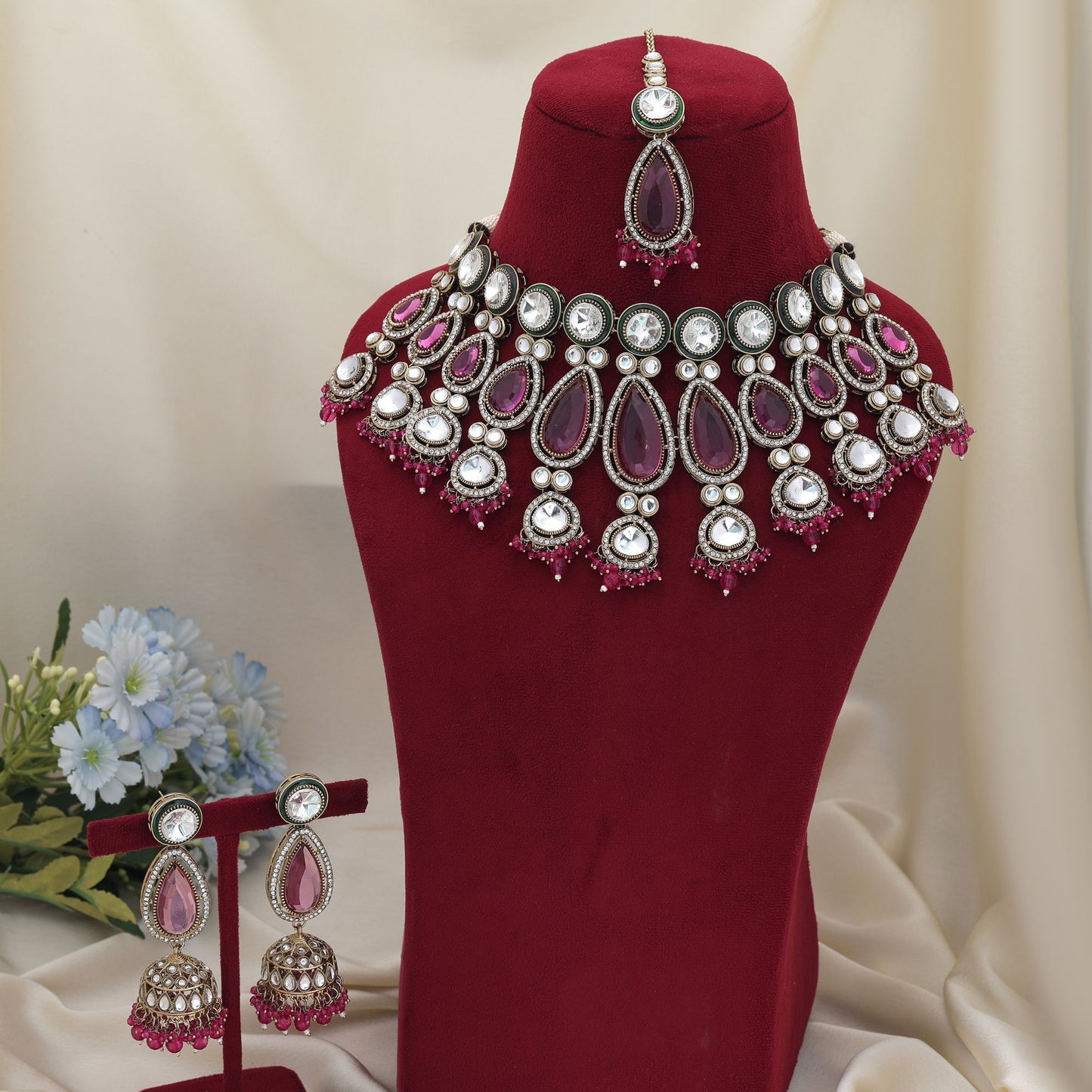 Traditional Rani Color Kundan Necklace Set With Luxurious Ethnic Bridal Appearance