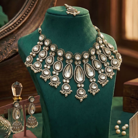 Elegant White Color Kundan Necklace Set With Sophisticated Ethnic Bridal Detailing