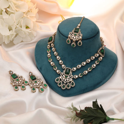 Elegant Green Color Kundan Necklace Set With Traditional Royal Ethnic Bridal Design