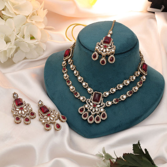 Stylisches rotes Kundan-Halsketten-Set für festliche Hochzeitsfeiern