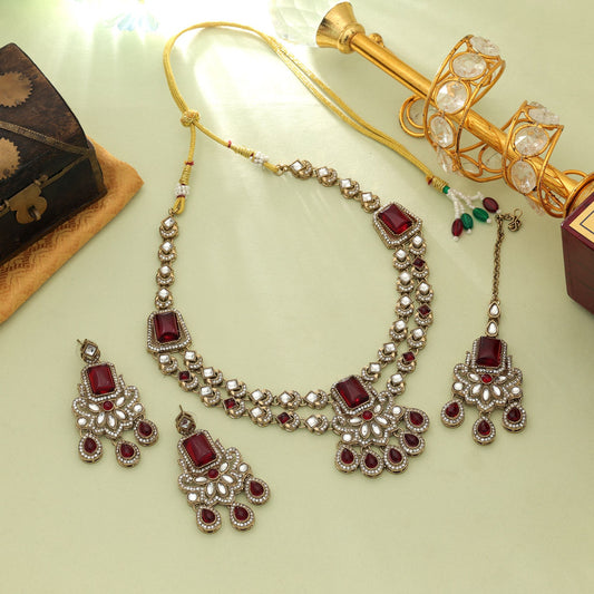 Stylisches rotes Kundan-Halsketten-Set für festliche Hochzeitsfeiern