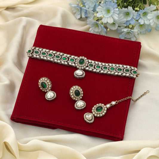 Elegant Green Color Choker Kundan Necklace Set With Premium Ethnic Bridal Finish