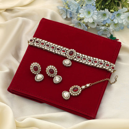 Stylish Red Color Choker Kundan Necklace Set For Festive Traditional Party Wear