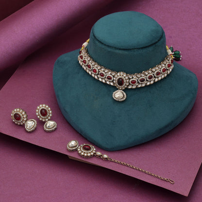 Stylish Red Color Choker Kundan Necklace Set For Festive Traditional Party Wear