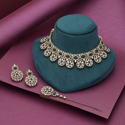 Wunderschönes grünes Kundan-Halsketten-Set für Hochzeiten, festliche, traditionelle Modekollektionen