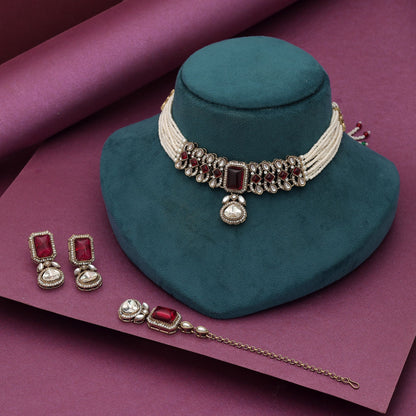 Royal Rani Color Choker Kundan Necklace Set For Elegant Wedding Party Wear