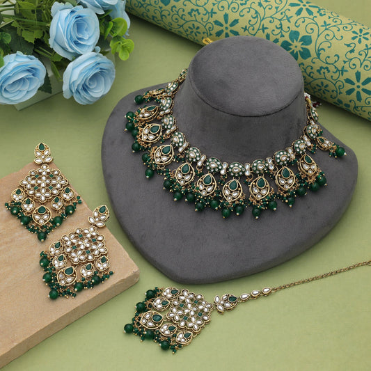 Elegant Green Color Meena Work Kundan Necklace Set For Festive Ethnic Occasions