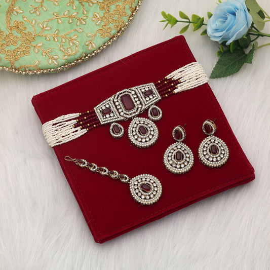 Stylish Maroon Color Choker Kundan Necklace Set With Ethnic Bridal Touch