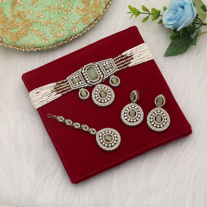 Premium Pista Green Color Choker Kundan Necklace Set For Women Wear