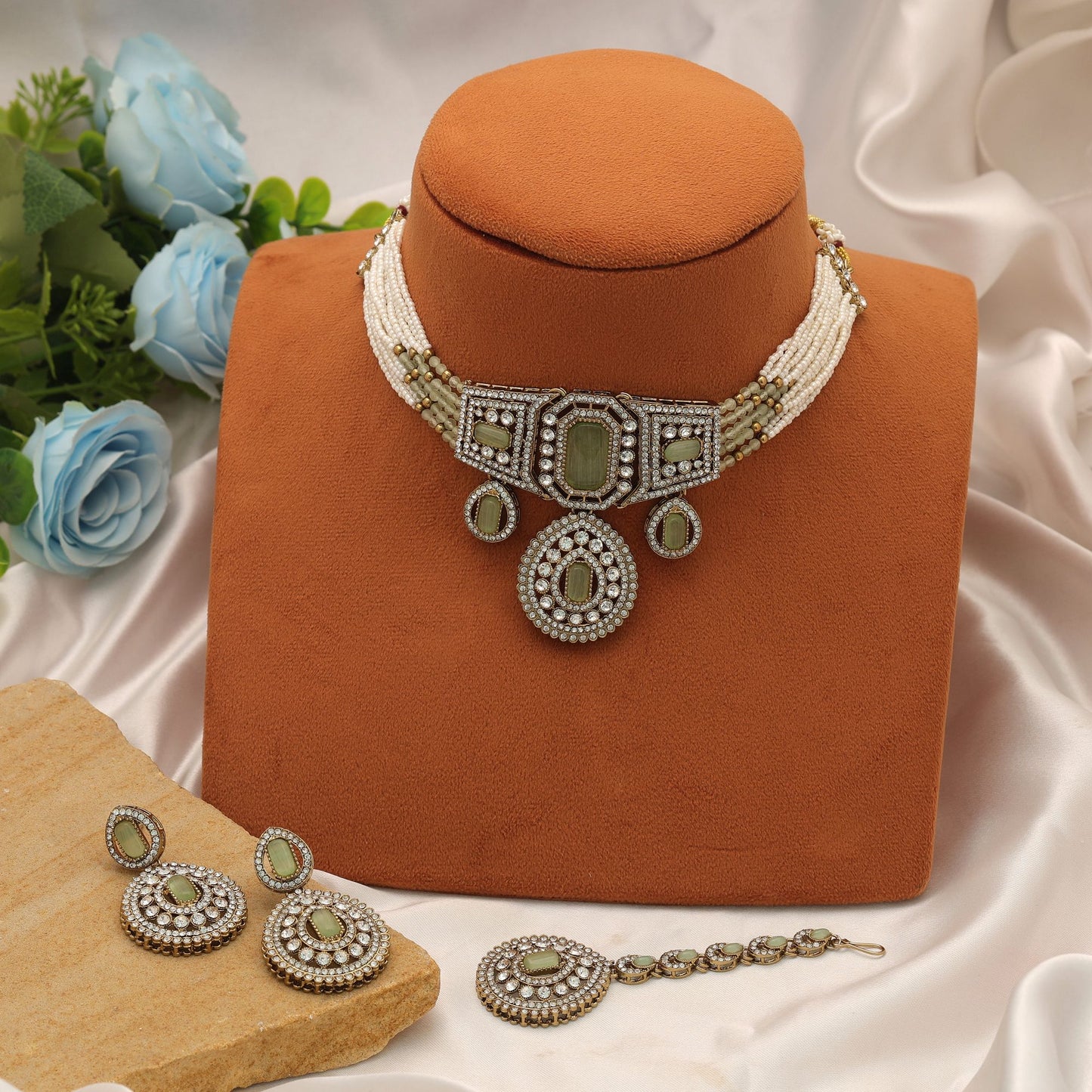 Premium Pista Green Color Choker Kundan Necklace Set For Women Wear