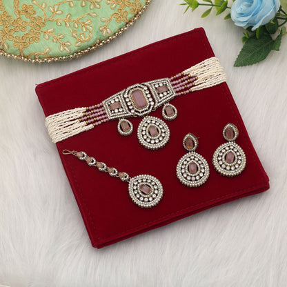 Elegant Light Pink Color Kundan Necklace Set With Traditional Party Wear Design